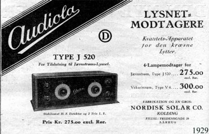 Audiola Type J520 4 Lampe Radiomodtager 1929-Annonce